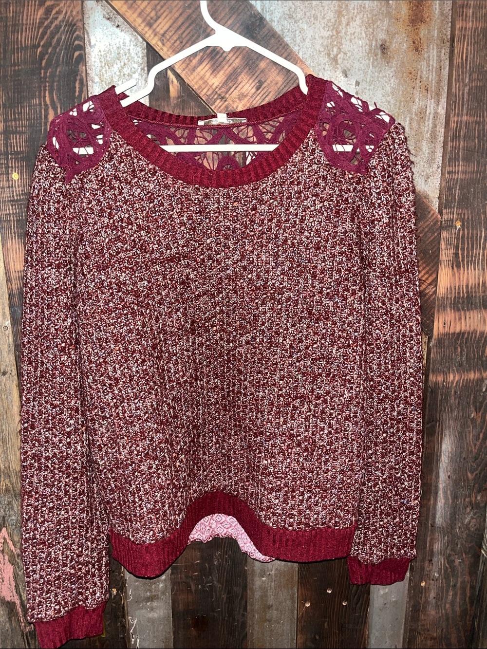 Miss Me Marled Burgundy Crewneck Sweater with Crochet Shoulder